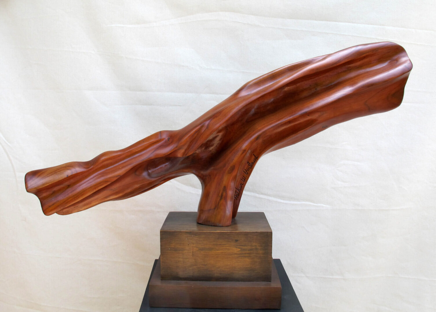 A wooden sculpture of a tree branch on top of a block.