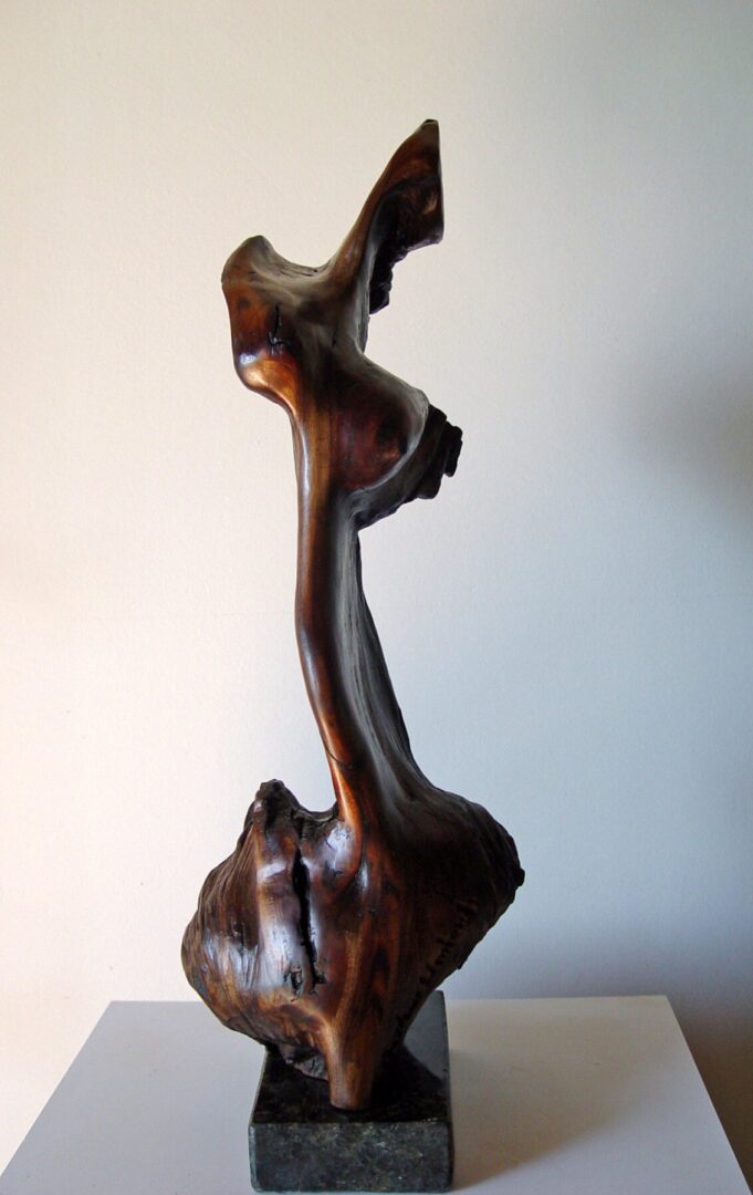 A wooden sculpture of a person standing on top of a tree.