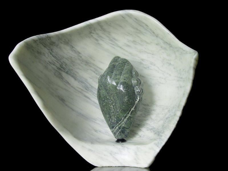 An elegant white marble shell adorned with a delicate green leaf, prominently displayed amidst the captivating art gallery exhibitions.